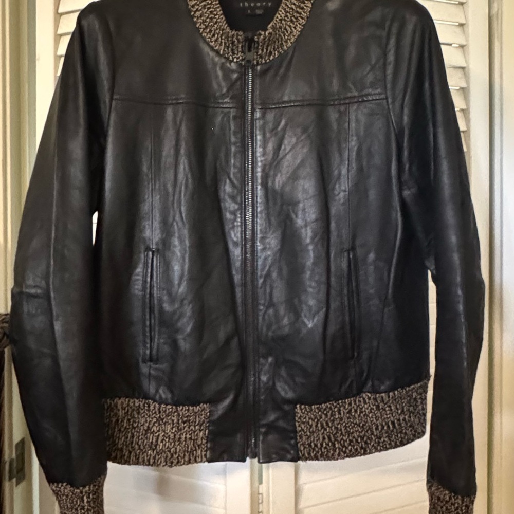 Theory Black Leather Jacket with Knit Trim